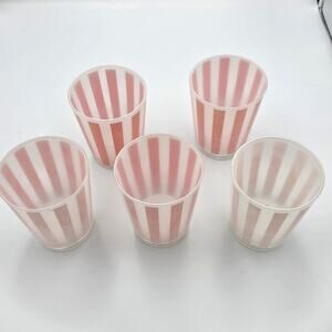 Vintage MCM Frosted Tumblers Pink Striped Glass Set of 5